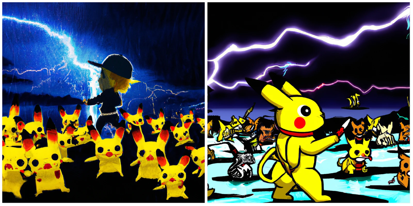 Imágenes generadas por DALL-E que muestran a un niño con sombrero y a una multitud de Pikachus amarillos bajo un cielo oscuro lleno de relámpagos. 