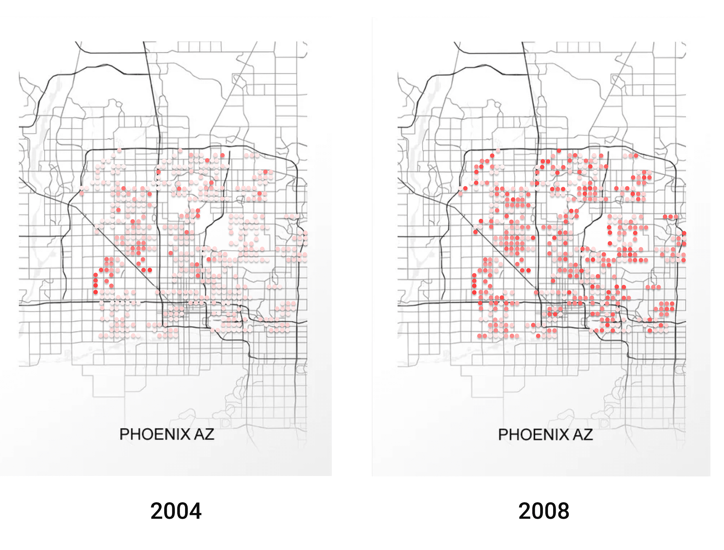 Figura: El precio cambia con el tiempo. Cuanto más rojos son los puntos, más caras son las casas.